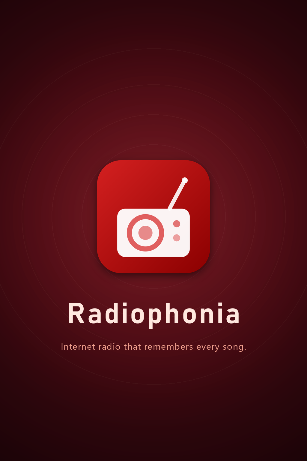 The 2:3 portrait master artwork exactly as composited — radial crimson, concentric radio-wave rings, centred wordmark and tagline, logo tile — uncut on 2:3-ish screens (on a phone the dedicated tall art is what shows); on a 16:9 TV panel the top and bottom fall out of frame, slicing the ring’s bottom edge and the wordmark’s base